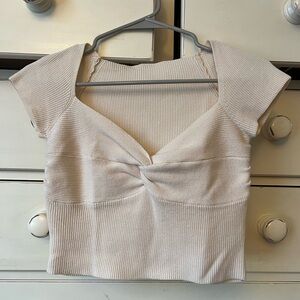 Cream Rib-Knit Twist Front Crop Top